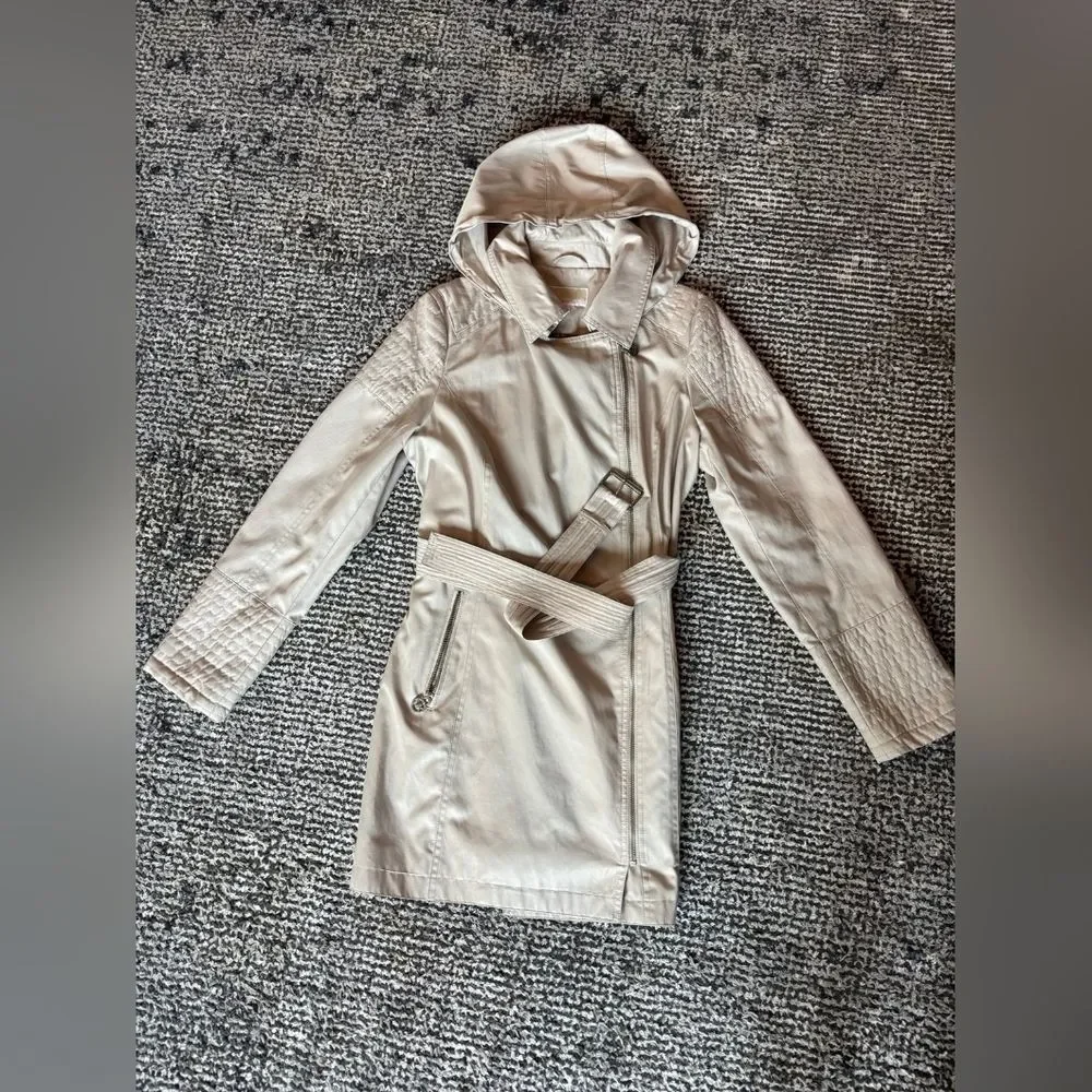 Michael Kors Mk Designer Trench Women's Tan Nude Beige Hooded Coat Jacket Large